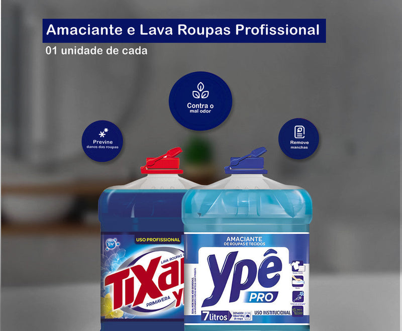 Kit Lavandeira: Lava Roupas Líquido Profissional Tixan Ypê 7L + Amaciante de Roupas e Tecidos Ypê Pro 7L