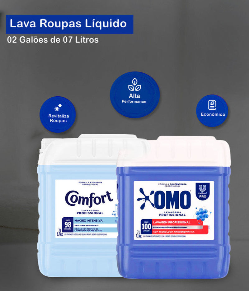 Kit Lavandeira: Lava Roupas Líquido Lavanderia Pro Omo 7L + Amaciante Lavanderia Pro Comfort 7L